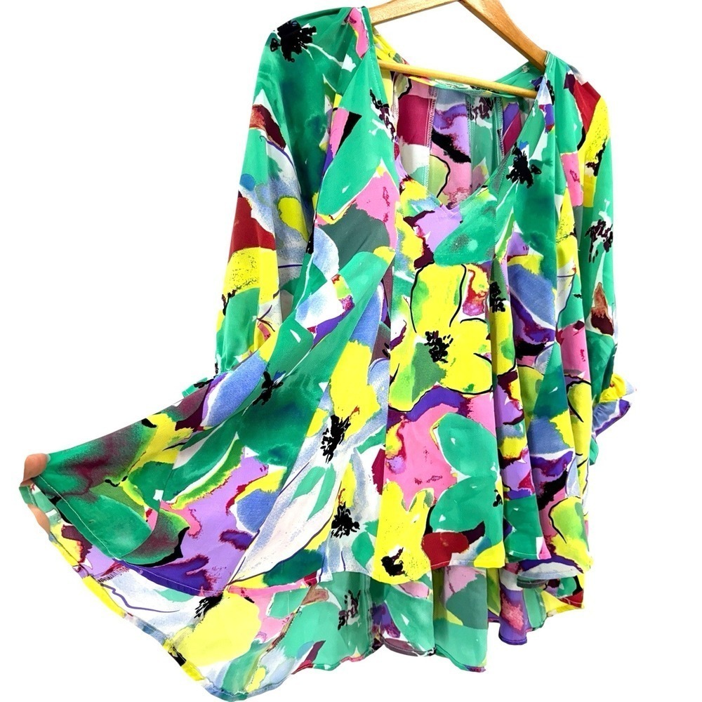 Umgee Floral Blouse Womens Medium Swing Top Multicolor V-Neck Balloon Sleeve